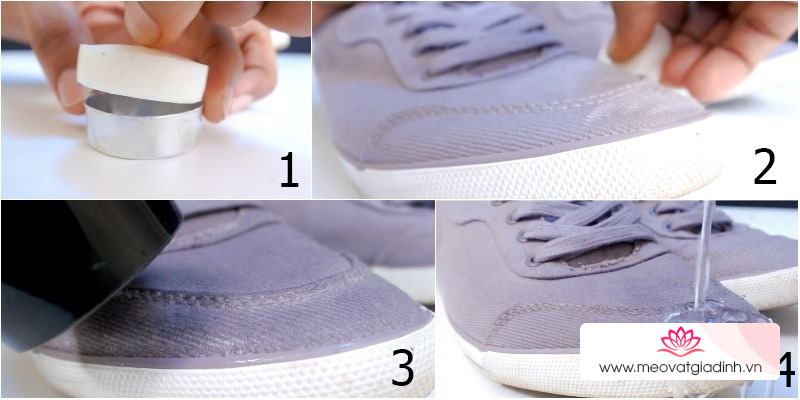 Dùng máy sấy để làm nóng phần sáp nến đã được chà xát khắp các bề mặt của giầy.