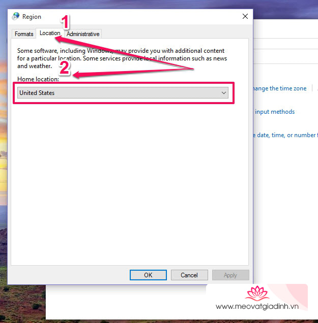 Trong mục Home Location bạn chọn United States