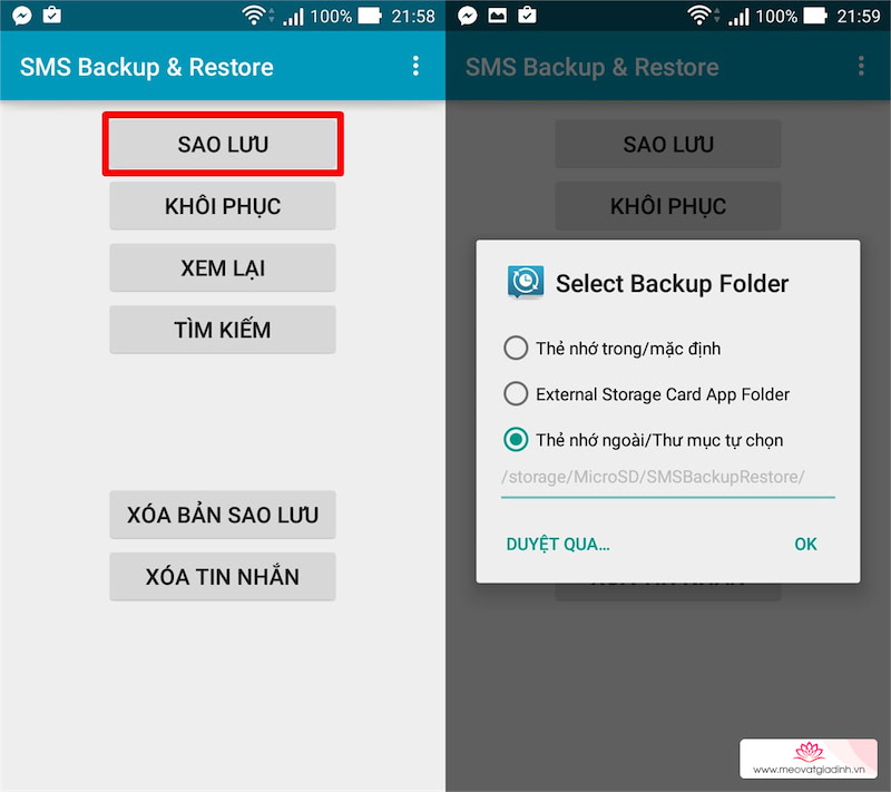 Mở ứng dụng SMS Backup & Restore lên và chạm vào mục Backup