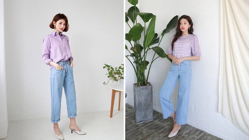 Phối áo tím với quần jeans