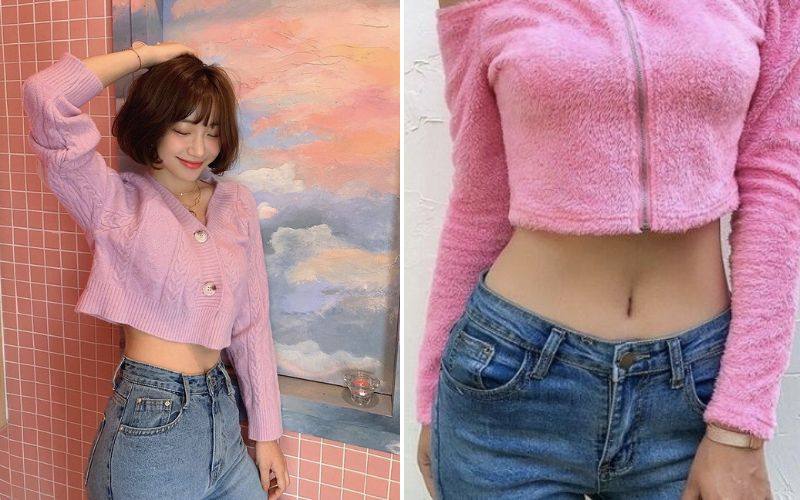 Áo croptop hồng phối với quần jean