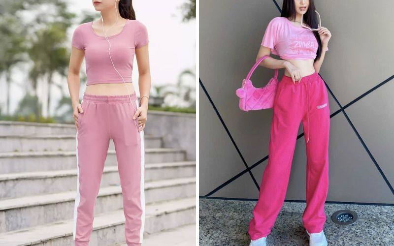 Phối áo croptop hồng với quần Jogger