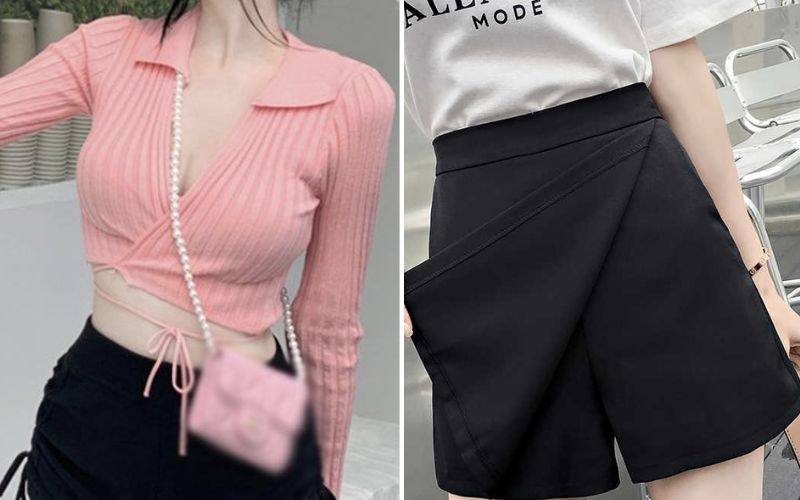 Áo croptop hồng phối với váy quần