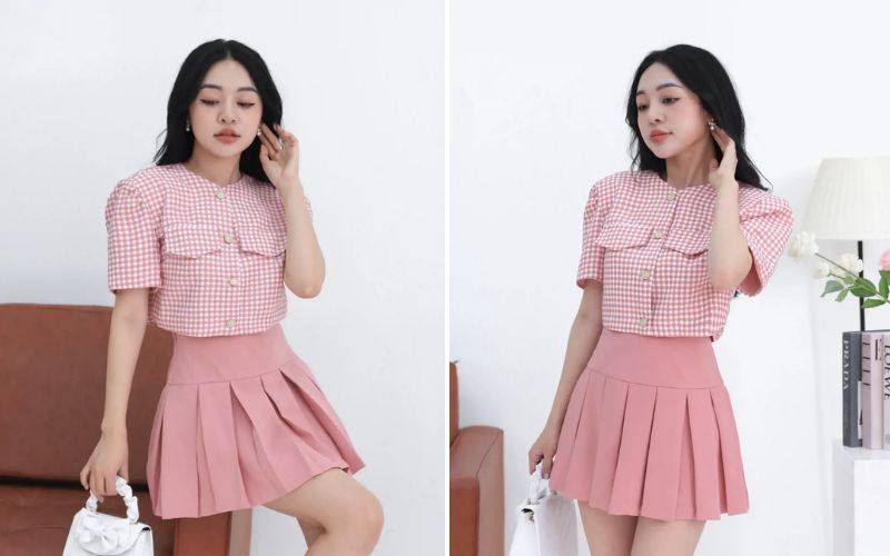 Phối áo croptop hồng với váy xếp ly