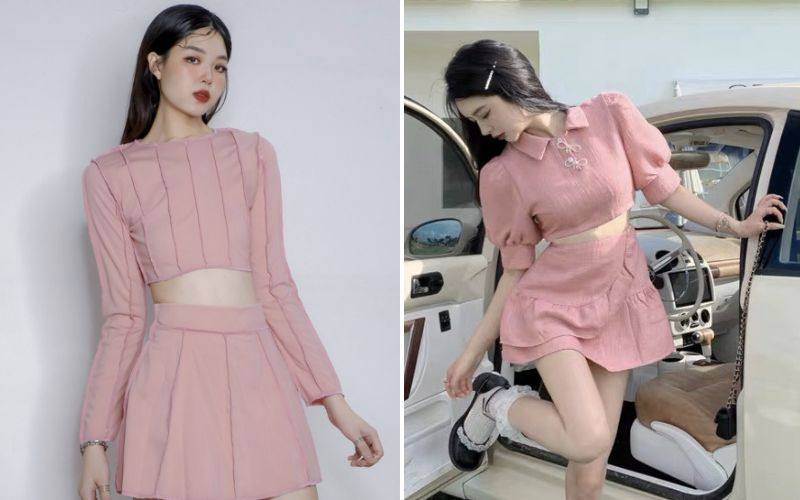 Phối áo croptop hồng với váy ngắn xòe