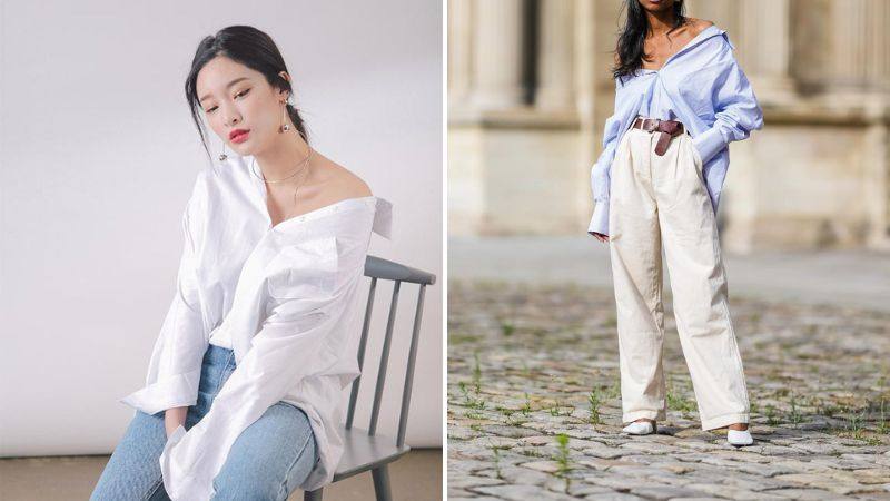 Quần ống rộng phối cùng áo sơ mi oversize lệch vai