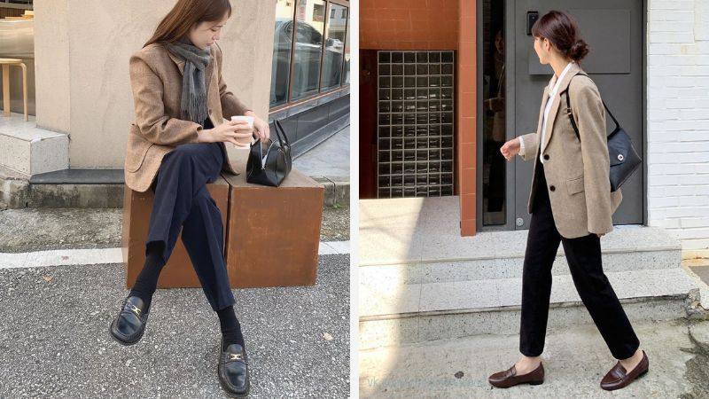 Phối giày loafer nữ với áo blazer và quần tây