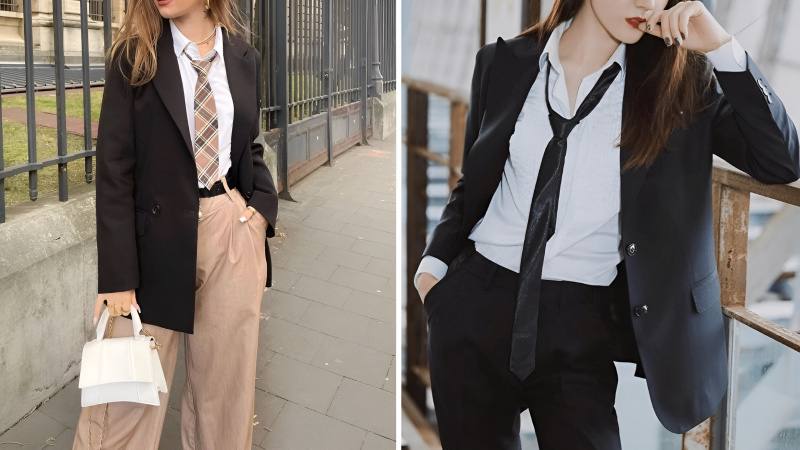 Áo blazer với cà vạt nữ