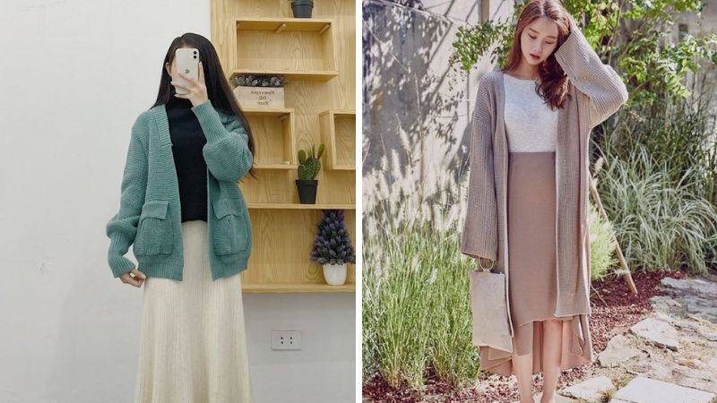 Chân váy len dài phối với áo len cardigan