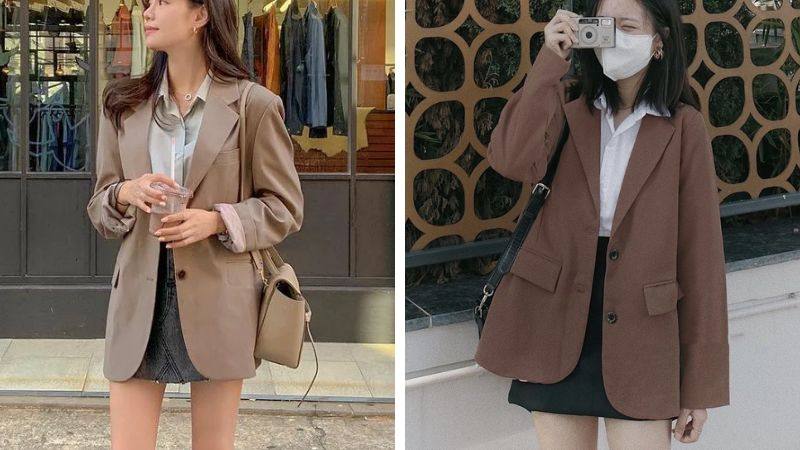 Chân váy len ngắn và áo blazer