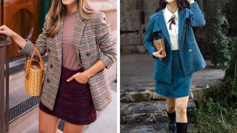 Blazer trưởng thành phối chân váy nhung tăm