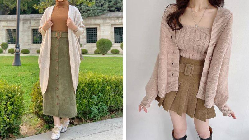 Áo cardigan và váy nhung tăm cho những ngày se lạnh