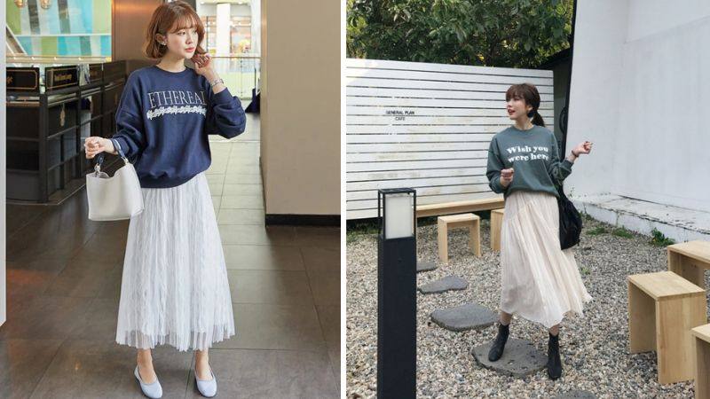 Chân váy voan phối cùng áo sweater