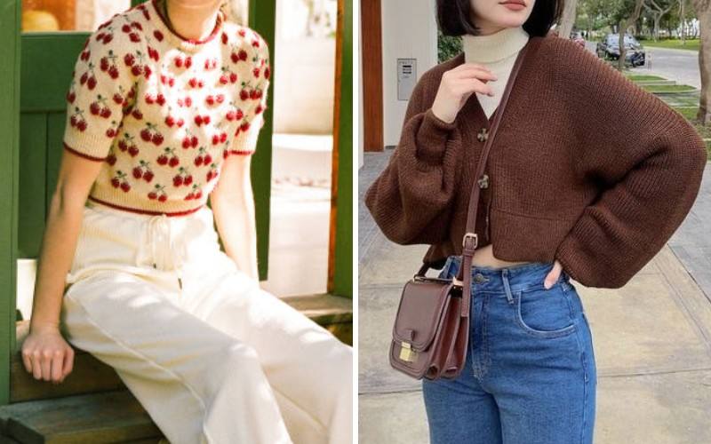 Áo len kiểu croptop phối cùng quần jeans ống rộng