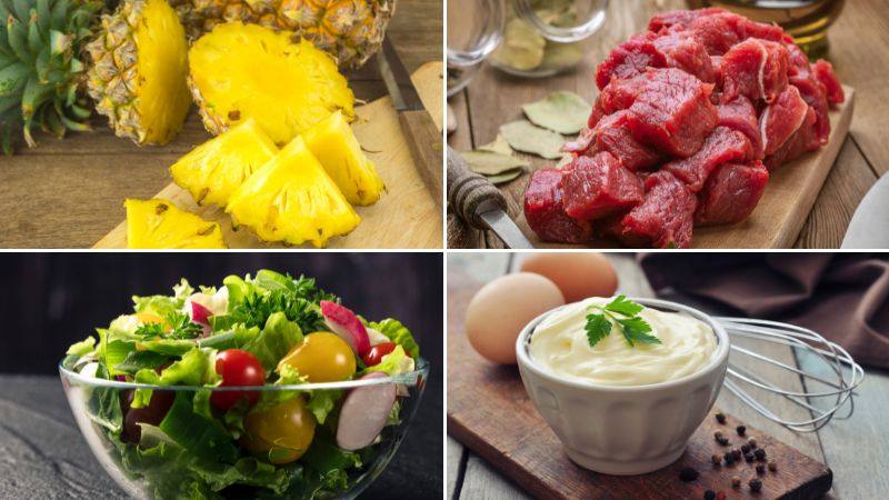 Nguyên liệu làm salad trái thơm thịt bò sốt mayonnaise