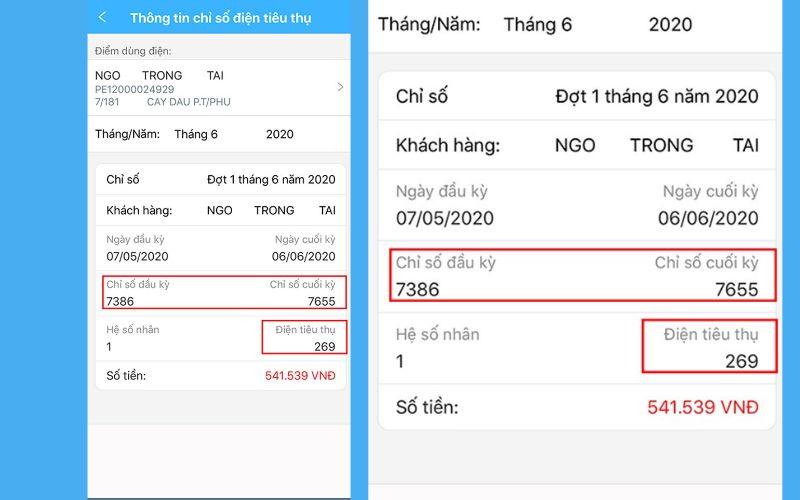 Thông tin chỉ số điện tiêu thụ