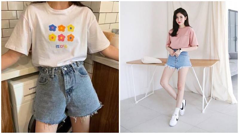 Áo thun freesize + Quần short jeans tua rua