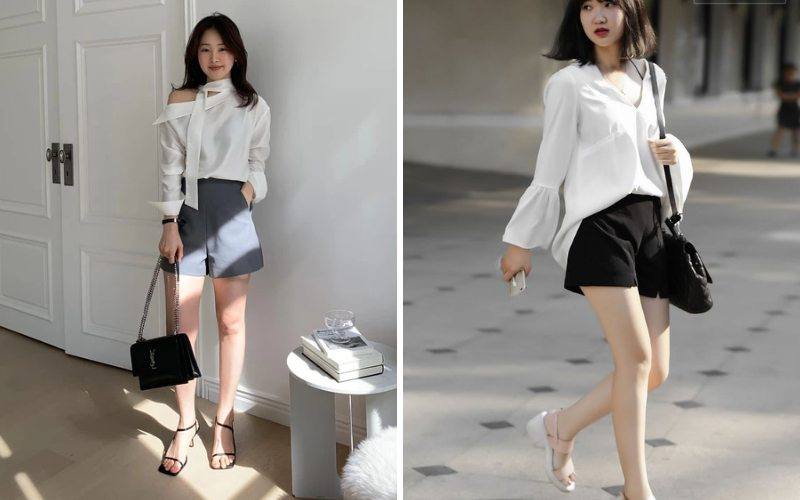 Áo blouse trắng cùng quần short đứng dáng